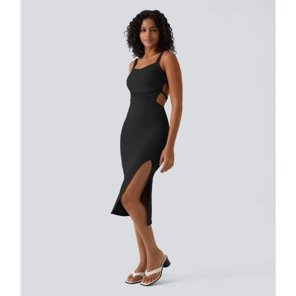 Halara Ruched Lace Up Bodycon Midi Dress Small Black NWT Side Slit Open Back